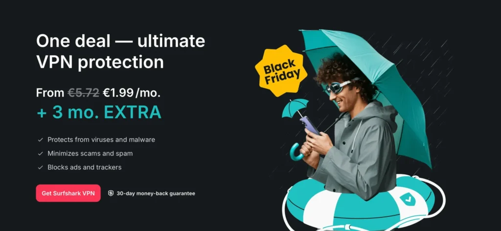 Surfshark-Black-Friday-2025 Promo | BestSafeVPN.com Surfshark Black Friday promotional banner with a smiling man under an umbrella holding a phone, next to text showing €1.99/month, 3 months free, and key security benefits.