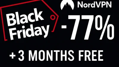 NordVPN Black Friday promo image showing “Black Friday -77% + 3 Months Free” on a black background with red tag graphic and NordVPN logo.
