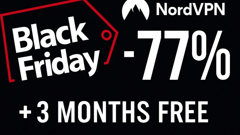 nordvpn-black-friday-77-off-3-months-free | BestSafeVPN.com NordVPN Black Friday promo image showing “Black Friday -77% + 3 Months Free” on a black background with red tag graphic and NordVPN logo.
