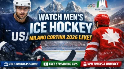 Men’s ice hockey players competing at the Milano Cortina 2026 Winter Olympics with packed arena, national flags, and live broadcast atmosphere