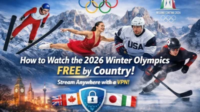 Winter Olympics 2026 streaming guide showing ski jumper, figure skater and ice hockey player with Alps background and VPN access concept