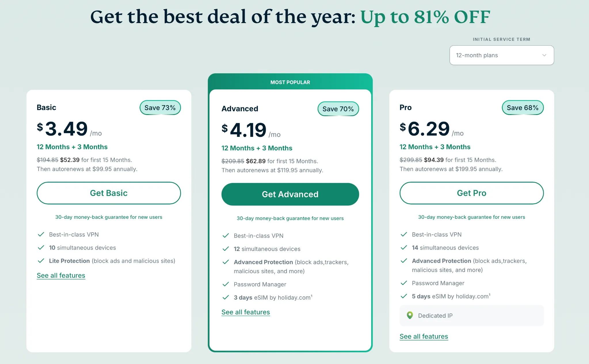 ExpressVPN 2026 pricing for 12-month plans showing Basic, Advanced, and Pro tiers with monthly rates and key features