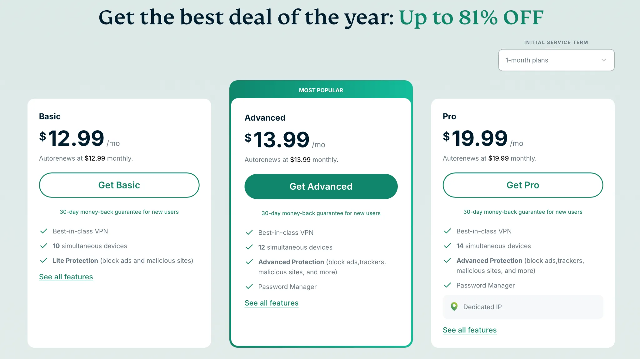 ExpressVPN monthly pricing in 2026 showing Basic, Advanced, and Pro plans with features and monthly renewal rates