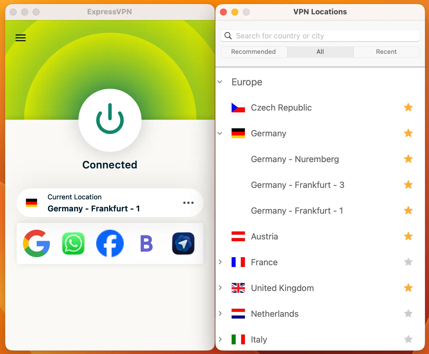 ExpressVPN MacOS | BestSafeVPN.com ExpressVPN-App verbunden mit einem Server in Frankfurt, Deutschland – sichere Verbindung für Google, WhatsApp, Facebook und mehr.