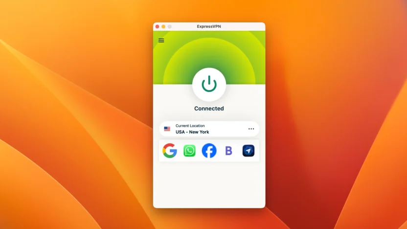 ExpressVPN app interface showing an active VPN connection to a server in New York, USA, on a macOS device