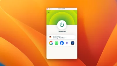 ExpressVPN-Oberfläche auf macOS mit aktiver Verbindung nach Frankfurt und Serverauswahl in Deutschland, Tschechien, Frankreich und weiteren Ländern.