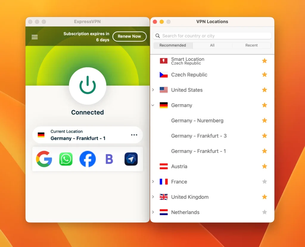 Frankfurt ExpressVPN server for maximal speed | BestSafeVPN.com ExpressVPN macOS app connected to Frankfurt Germany server showing active VPN connection during speed testing