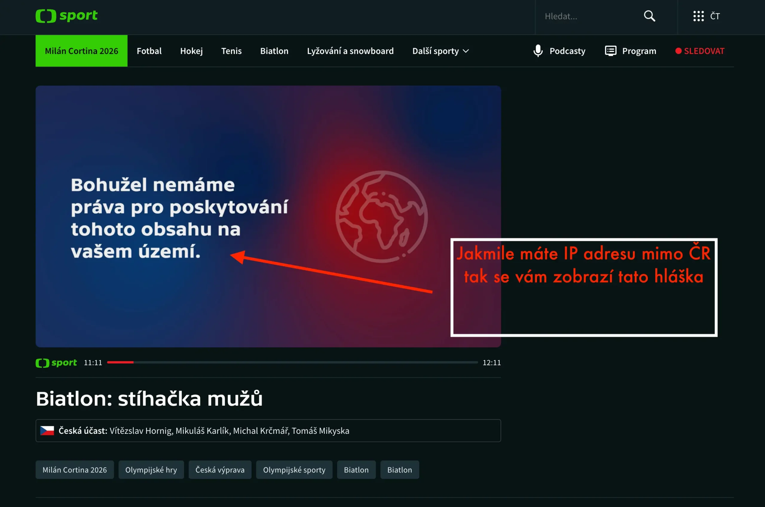 Geoblokace licence ČT Sport | BestSafeVPN.com Chybová hláška ČT Sport při sledování ze zahraničí bez české IP adresy.