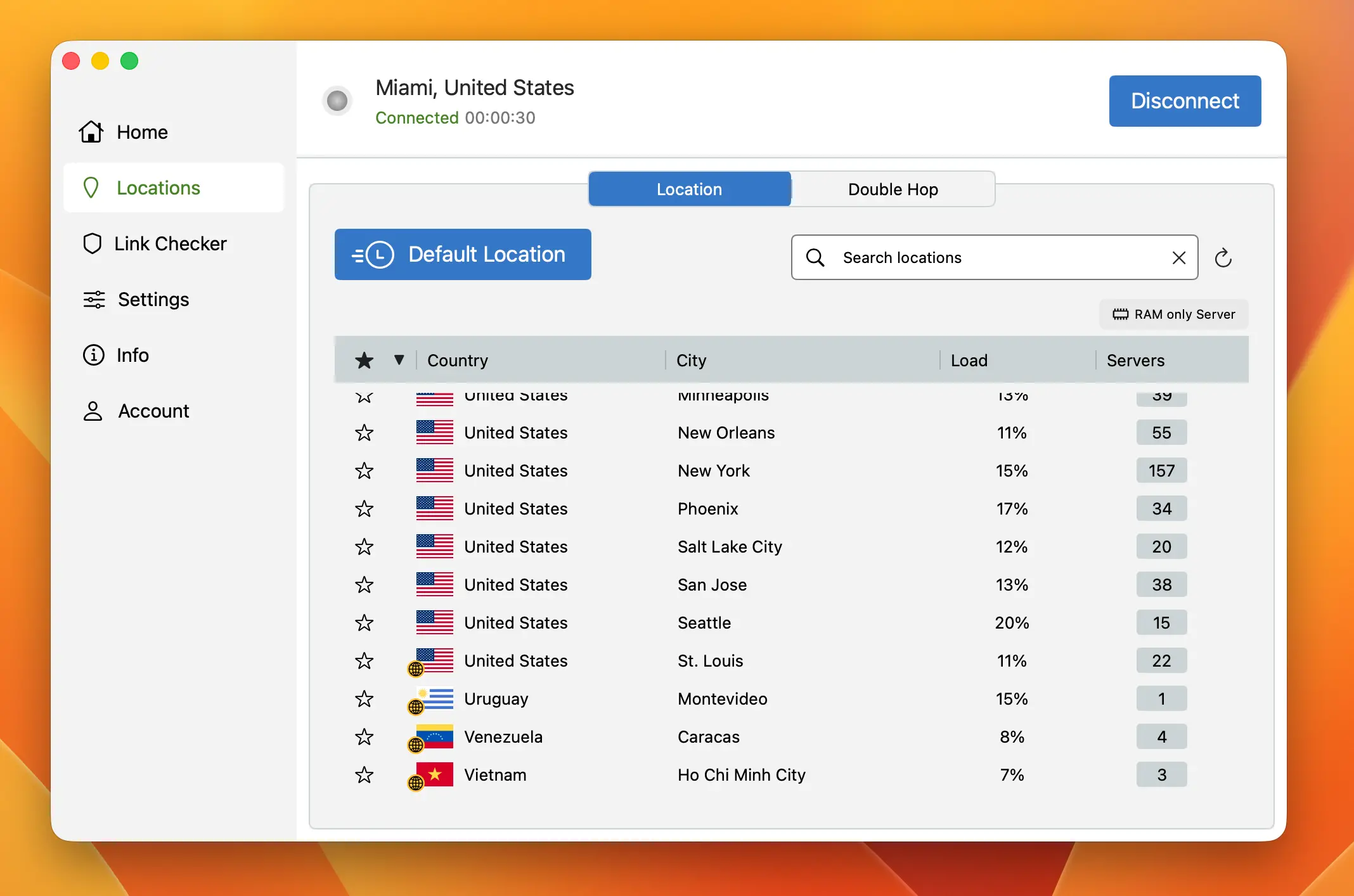 IPVanish | BestSafeVPN.com IPVanish VPN macOS app showing RAM-only server list with Double Hop feature — privacy test 2026