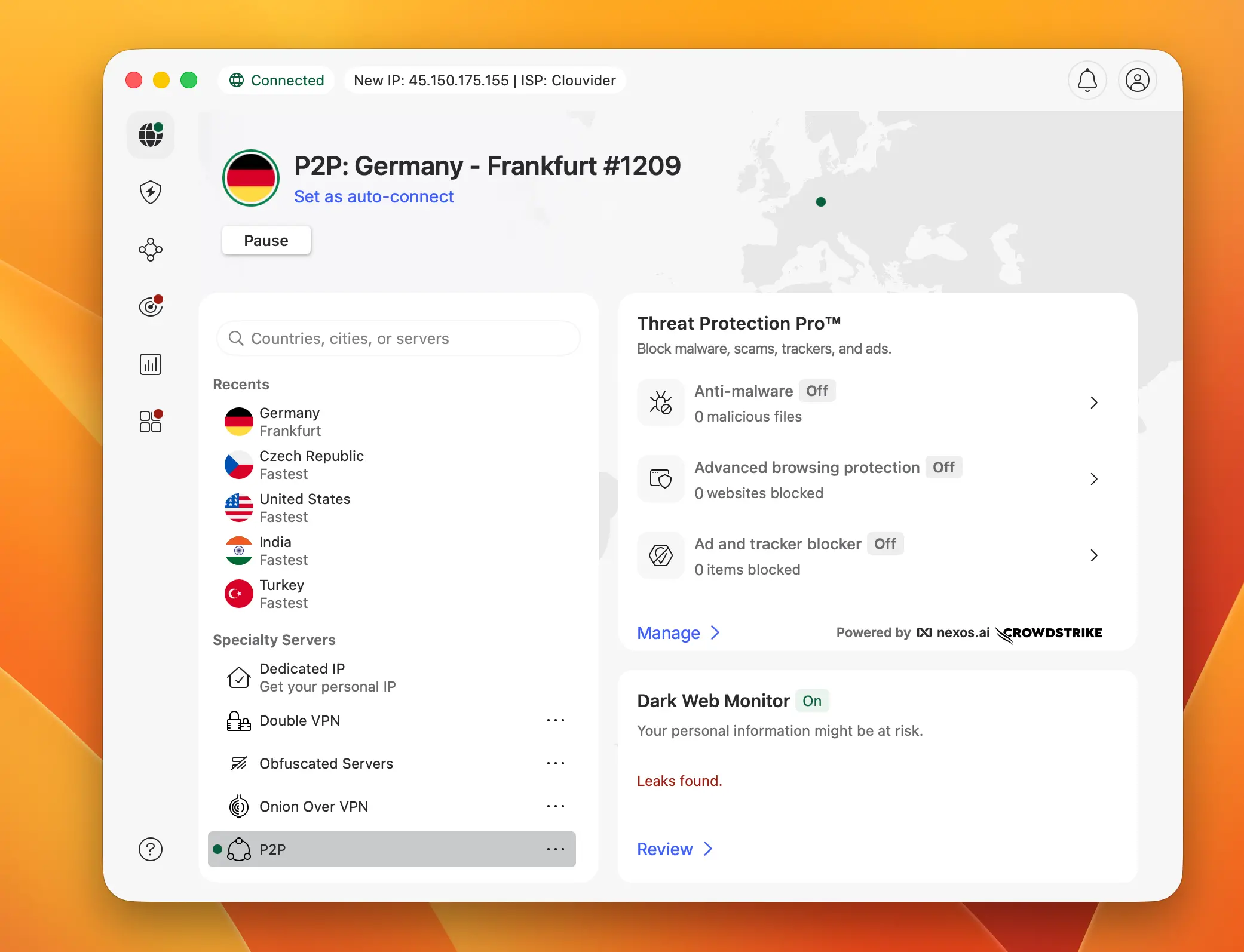 NordVPN speed test - server Frankfurt | BestSafeVPN.com NordVPN macOS app connected to P2P Frankfurt Germany server displaying new IP address and security dashboard