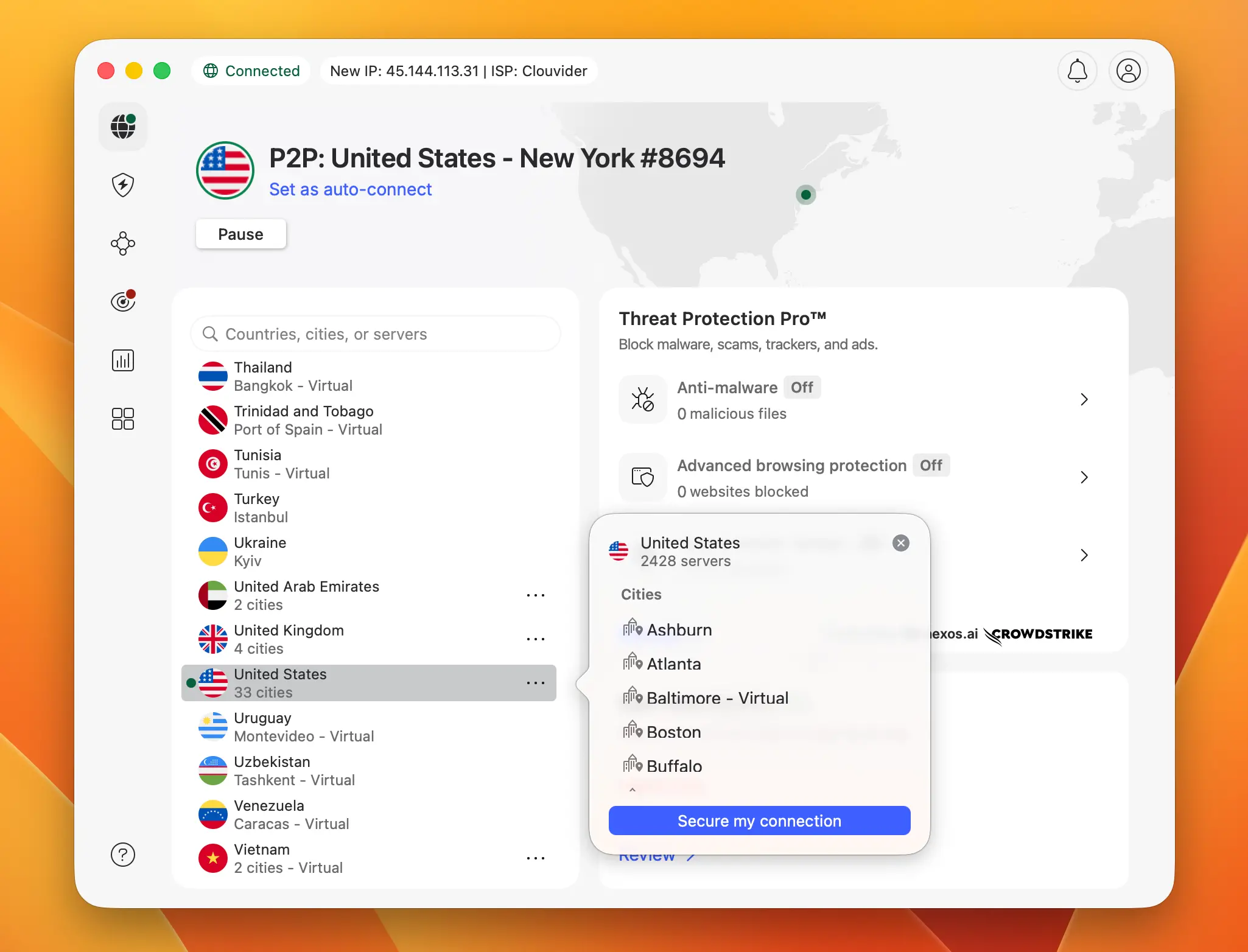 NordVPN | BestSafeVPN.com NordVPN macOS app connected to New York P2P server with Threat Protection Pro and 2428 US servers — privacy review 2026