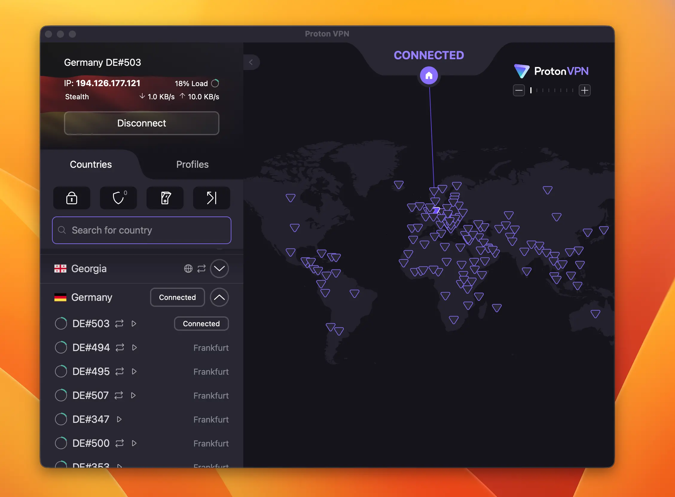 PRotonVPN speed Frankfurt | BestSafeVPN.com ProtonVPN macOS app connected to Germany Frankfurt DE#503 server via Stealth protocol with 18% load — VPN speed test 2026