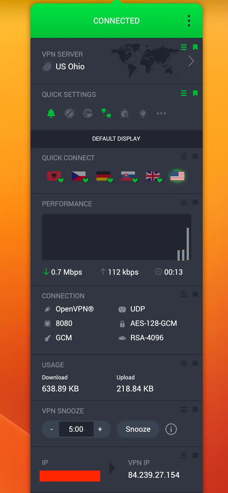 Private Internet Access | BestSafeVPN.com Private Internet Access PIA Android app connected to US Ohio using OpenVPN UDP with AES-128-GCM encryption and RSA-4096 — privacy test 2026