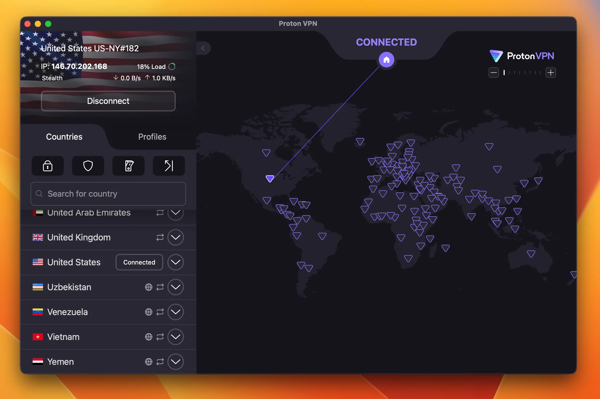 ProtonVPN | BestSafeVPN.com ProtonVPN macOS app connected to United States via Stealth protocol showing global server map — best VPN for privacy 2026