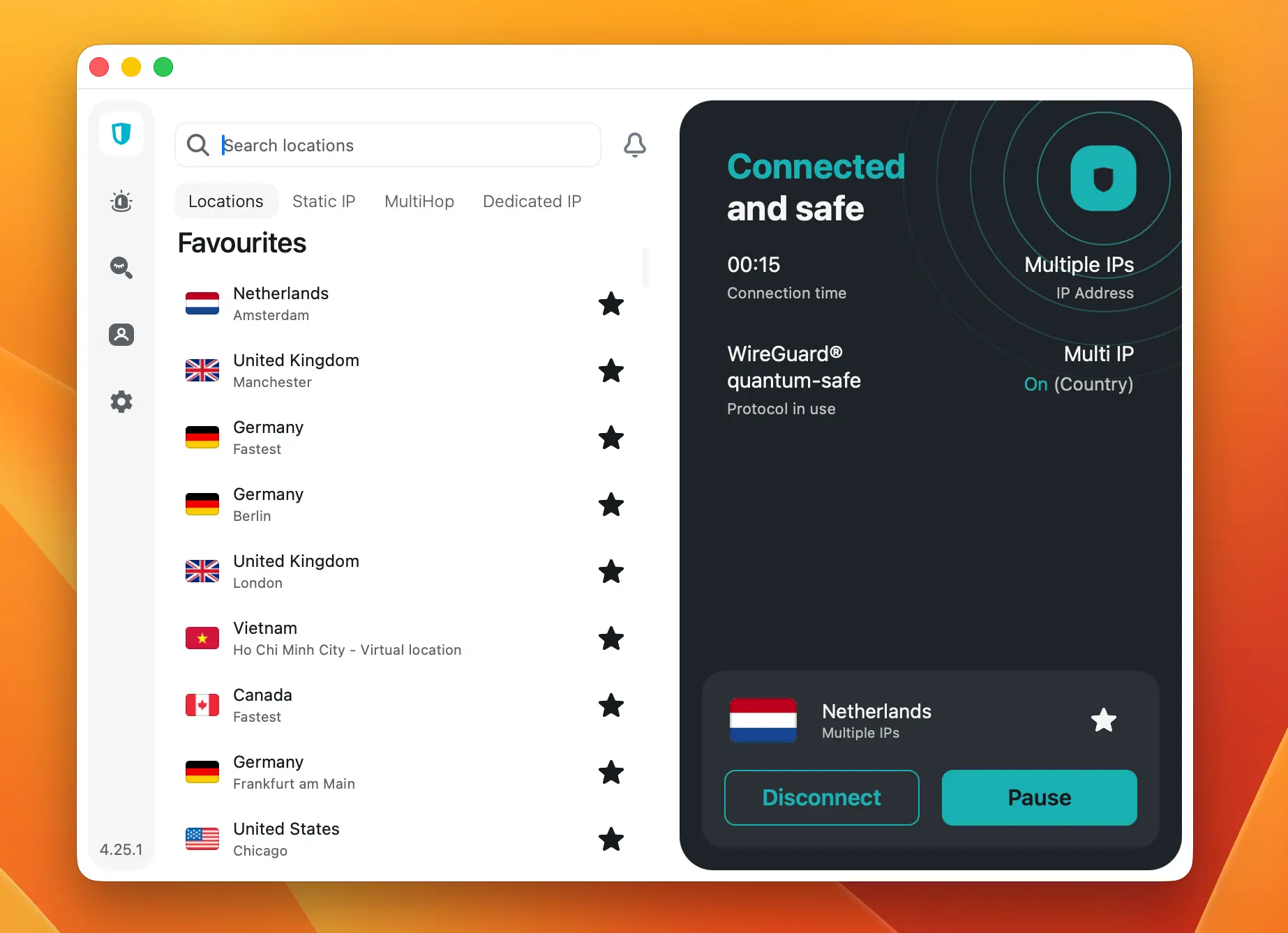 SurfShark connect to Amsterdam server | BestSafeVPN.com Surfshark VPN macOS app connected to Netherlands Amsterdam using WireGuard quantum-safe protocol with Multi IP enabled — VPN speed test 2026