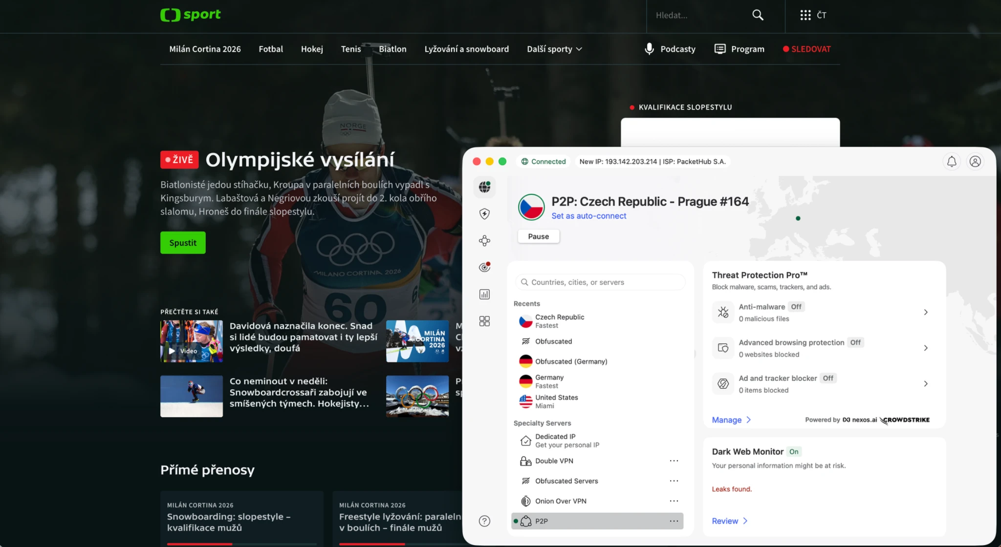 ct-sport-stream-vpn-pripojeni-nordvpn | BestSafeVPN.com ČT Sport spuštěný ze zahraničí po připojení přes NordVPN na český server v Praze.