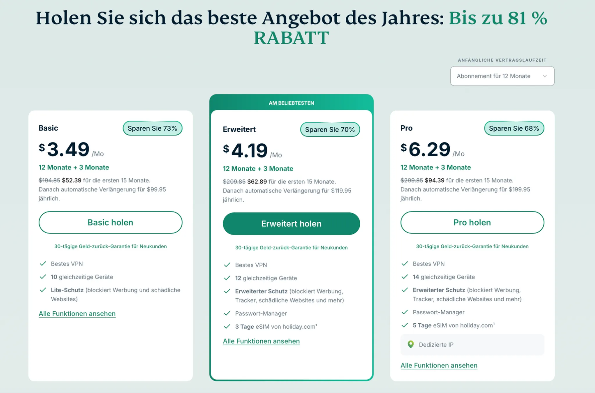 expressvpn-preisuebersicht-1-jahr | BestSafeVPN.com Jahresübersicht der ExpressVPN-Tarife 2026 mit Basic, Erweitert und Pro – inklusive 3 Gratismonate und Preisen in US-Dollar.