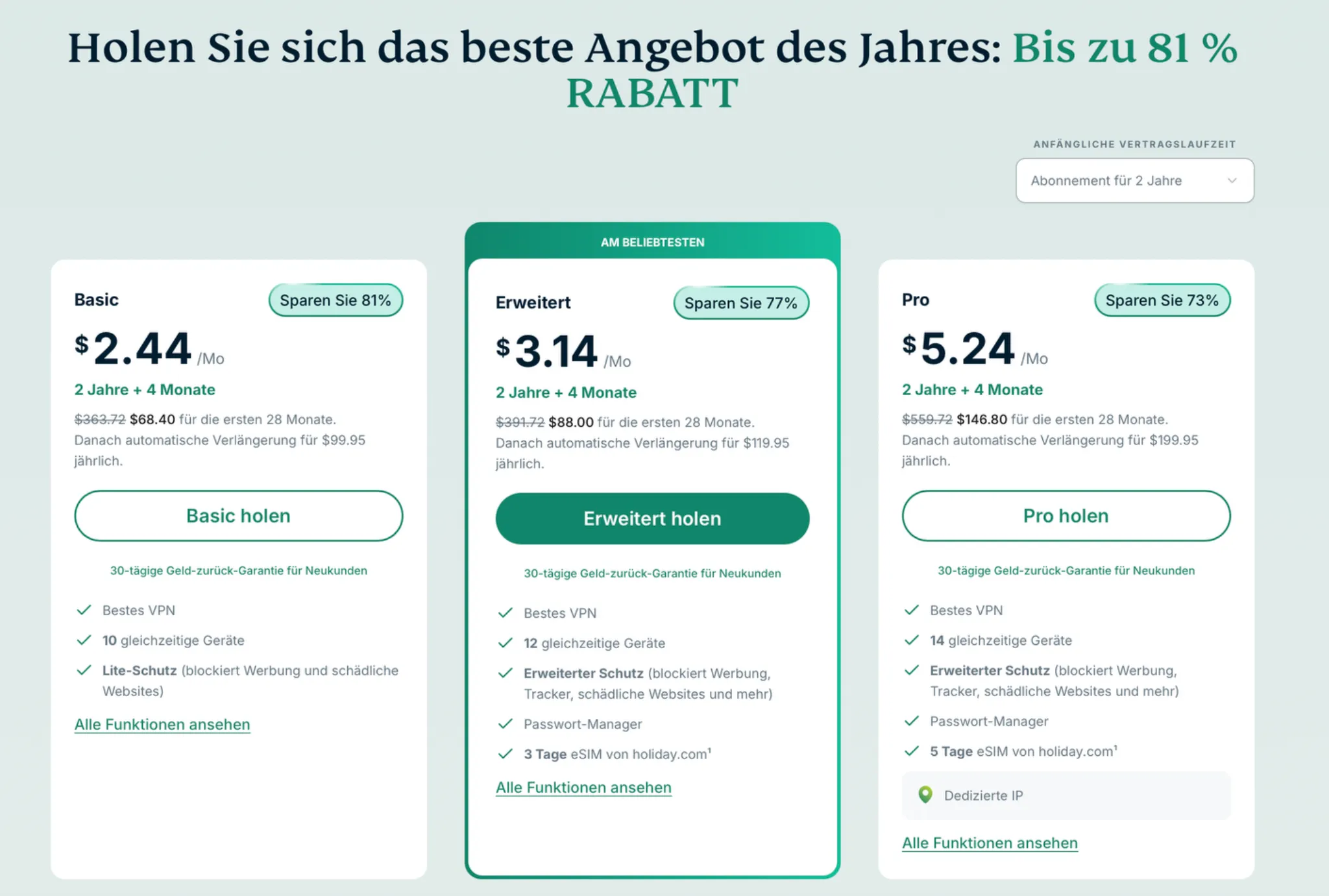 expressvpn-preisuebersicht-2-jahre | BestSafeVPN.com ExpressVPN-Preisübersicht für 2 Jahre + 4 Gratis-Monate, Tarife ab 2,44 $ mit bis zu 14 Geräten und erweiterten Funktionen wie eSIM.