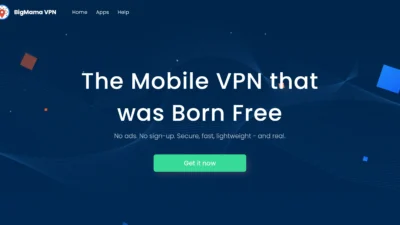 Domovská stránka Big Mama VPN s textem ‚Mobilní VPN, která byla vytvořena zdarma‘, zdůrazňující bezpečné, rychlé a lehké řešení VPN bez reklam a registrace.