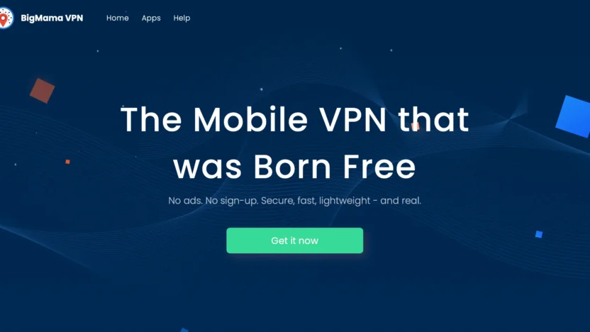 Domovská stránka Big Mama VPN s textem ‚Mobilní VPN, která byla vytvořena zdarma‘, zdůrazňující bezpečné, rychlé a lehké řešení VPN bez reklam a registrace.