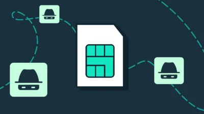 Graphic representation of a SIM card being targeted by hackers, symbolizing the risk of SIM swap fraud and identity theft through mobile networks.