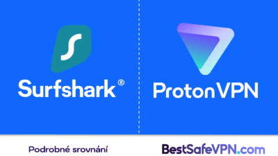 Srovnání Surfshark a ProtonVPN – dvě oblíbené VPN služby vedle sebe na modrém pozadí. Logo Surfshark vlevo a ProtonVPN vpravo, doplněné o nápis 'Podrobné srovnání' a odkaz na BestSafeVPN.com.
